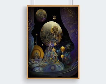 Indigo Abstract Wall Art of Planets,  Space Abstract Art in Indigo,  Abstract Art Prints of Space