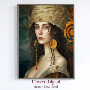 Printable Wall Art Vintage Portrait of a Woman, Art Nouveau Decor Woman&#39;s Portrait in Brown and Gold with Red, Digital Prints Blue Portrait