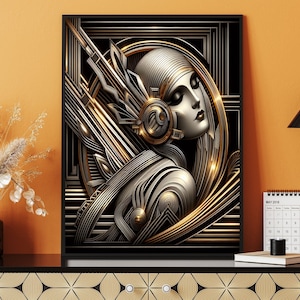 Neo Art Deco Woman, Art Deco Artwork in Black and Gold, Home Art Decor of a Woman in the Art Deco Style