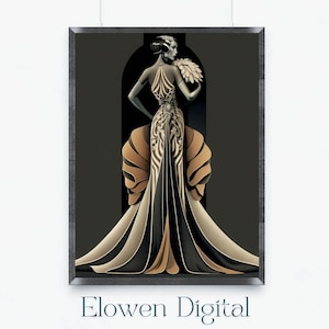 Art Deco Wall Art Inspired by Erte Prints, Woman with Fan Art Deco Print, Art Deco Decor in Neutral Colors for Any Room