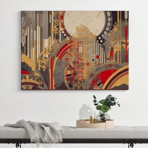 Impression géométrique art déco murale horizontale grand format, impression numérique géométrique géométrique de l&#39;ère du jazz dans le salon en or rouge et noir
