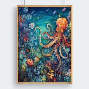 Octopus PRINTABLE Wall Art, Watercolor Style Octopus Wall Decor, Colorful Wall Art Octopus Garden