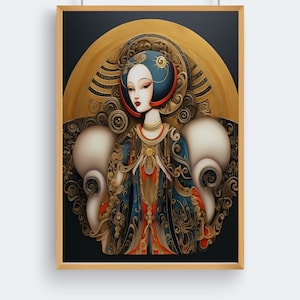 Art Deco Wall Art of Eastern Lady,   Art Deco Decor in Blue and Gold, Art Deco Print of Woman in Red and Blue
