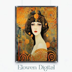 Art Nouveau Wall Art in Gold and Orange, Art Nouveau Decor Woman with Swirls, Printable Wall Art for Art Nouveau Decor