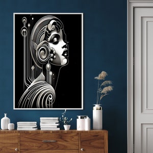 Art Deco Wall Art in Black and White,  Black and White Art, Modern Art Deco Woman Artwork,  Poster Prints for Art Deco Home