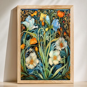 William Morris Print of Garden Flowers, Art Nouveau Poster with White and Yellow Flowers, Vintage Poster -- Art Nouveau Botanical Art