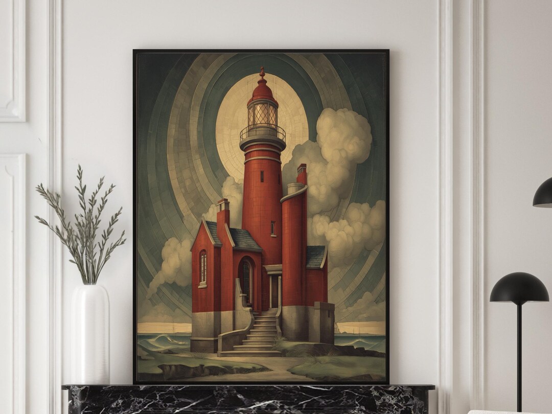Lighthouse Wall Decor: Art Deco Digital Print of Red Lighthouse - Etsy