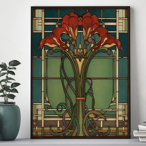 Láminas botánicas Art Déco, láminas botánicas vintage, arte mural Art Déco de lirios rojos, arte mural imprimible de lirios rojos