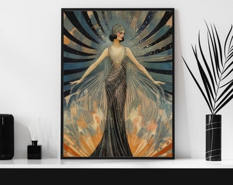 Póster vintage de mujer con vestido de gala inspirado en Erte - Decoración del hogar Art Déco