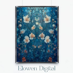 Art Nouveau Print White Flowers on Blue Background, Flower Prints, Downloadable Art Prints Flowers, Vintage Botanical Prints
