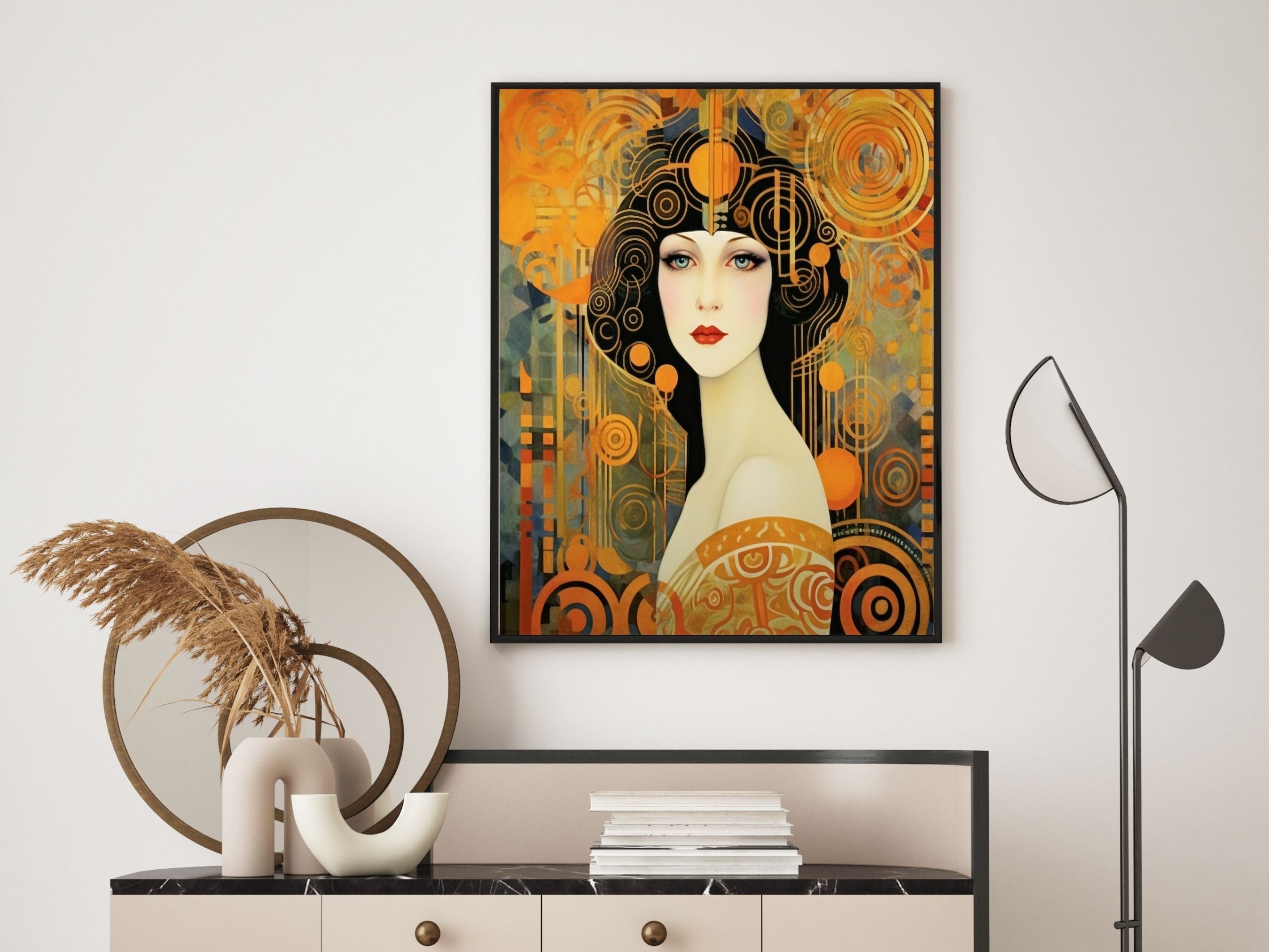 Art Nouveau Wall Art in Gold and Orange, Art Nouveau Decor Woman With