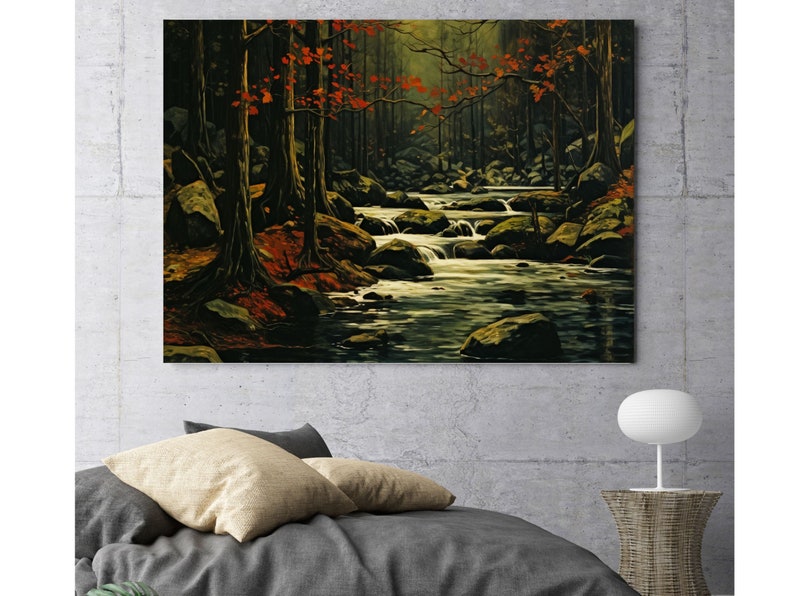 Art Deco Vintage Landscape, Large Wall Art Autumn Red Leaves Forest