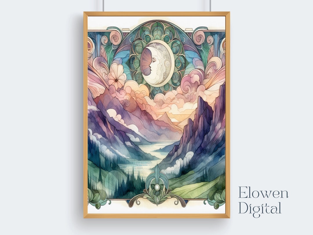 PRINTABLE Wall Art Watercolor Mountain Landscape, Art Deco Wall Art ...
