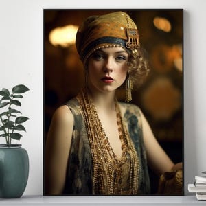 Art Deco Flapper Printable Wall Art,  Erte Style DOWNLOADABLE Wall Decor,  Jazz Age Woman Matte Print, 1920&#39;s Glamorous Woman Wall Art