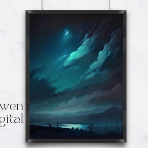 Printable Wall Art Starry Night Landscape, Art Nouveau Wall Art Landscape Celestial Night, Vintage Prints Colorful Wall Art