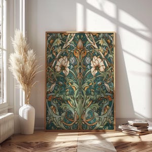 Impresión de William Morris con flores blancas, impresión de arte floral para pared, póster botánico, impresión de decoración del hogar, arte vertical