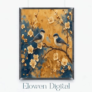 Japanese Wall Art Chinoiserie in Gold and Blue, Chinoiserie Bird Art, Blue Bird Chinoiserie Artwork, Botanical Print Chinoiserie