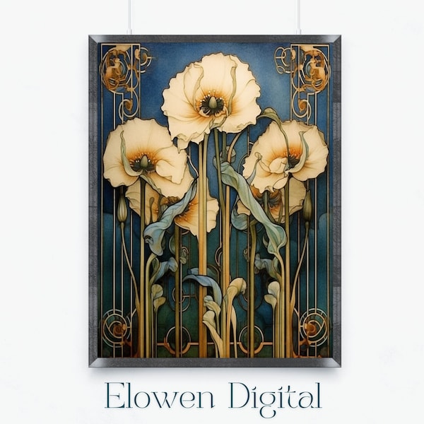 Stampa botanica in stile Art Nouveau, fiori ispirati a Charles Rennie Mackintosh Art Nouveau, stampe botaniche vintage stampabili da parete