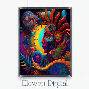 Decorazione Maya stampabile, stampa femminile divina, arte della dea colorata, arte azteca della dea della giungla, arte murale digitale stampabile della dea