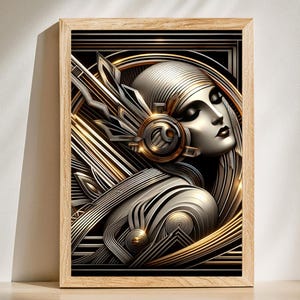 Art Deco Futuristic Fashion, Art Deco Artwork in Black and Gold, Home Art Decor of a Woman in the Art Deco Style