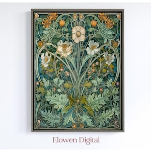 Manifesto Art Nouveau, margherite di carta in stile William Morris, arte murale con margherite, opera d'arte da cucina con margherite bianche