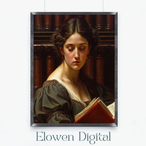 Woman in a Library Art Nouveau Wall Art, Pre-Raphaelite Style Digital Print, Lady with a Book Aesthetic Room Decor