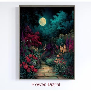 Digital Prints of Garden Art with Moon,  Garden Decor Art Prints, Art Nouveau Artwork Poster