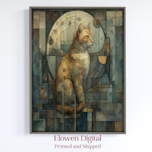 Art Deco Orange Cat Portrait, Geometric Wall Art Digital Prints, Vintage Cat Art