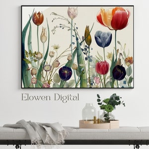 Tulip and Wildflowers Botanical Wall Art, Horizontal Wall Art, Multicolored Tulips Housewarming Gift, Art Nouveau Print of Garden Art