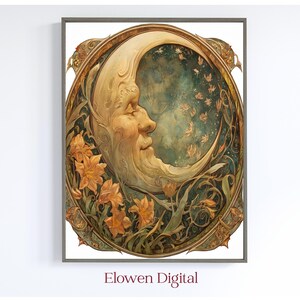 Witchy Gift Cresent Moon Digital Print, Art Nouveau Moon Vintage Poster, Cresent Moon Artwork