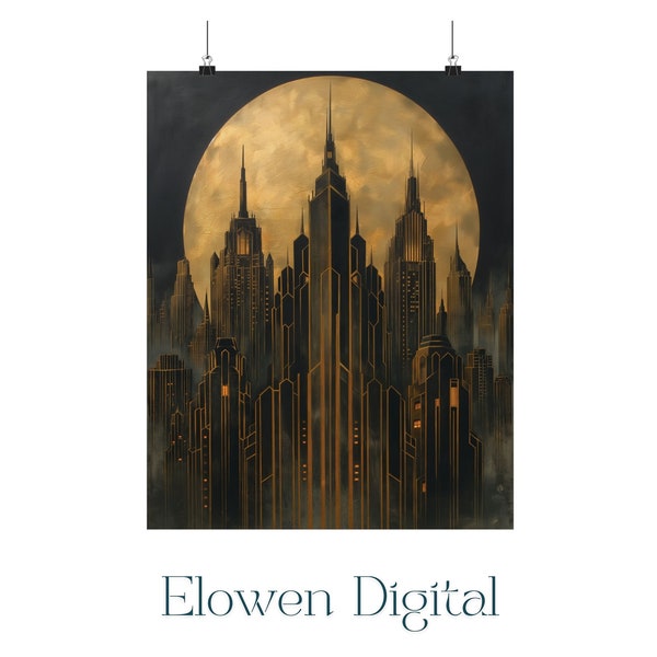 Art Deco City Skyline Under the Moon Print,  Vintage Poster Art Deco City Scape at Night