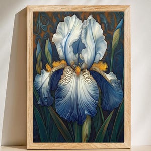 Iris Botanical Wall Art, Vintage Poster Blue and White Iris Art Print, Large Wall Art Housewarming Gift Of White and Blue Iris