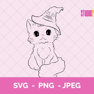 以下が含まれることがあります： 魔女の帽子をかぶったかわいい猫の白黒の線画。猫は大きな目で上を見上げていて、小さな笑顔をしています。猫はほうきを足で持っています。