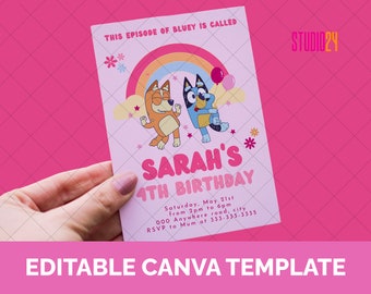 Bluey Editable Birthday Invitation Canva Template, Bluey Kids Invite card, Invito personalizzato Digital Card Girl Birthday