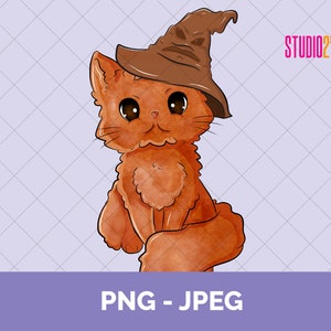 以下が含まれることがあります： 尖った先端のついた茶色の魔法使いの帽子をかぶった、かわいいオレンジ色の猫。猫は大きく丸い目をしていて、友好的な表情をしています。