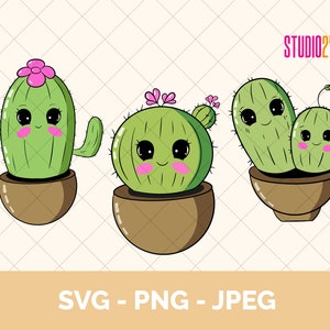 May include: Three cartoon cacti in pots with smiling faces and pink flowers. The cacti are green and the pots are brown.