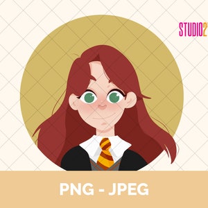 May include: Illustration of a cartoon girl with long red hair wearing a black and gold Hogwarts uniform. She has green eyes and a friendly smile. The background is a yellow circle.