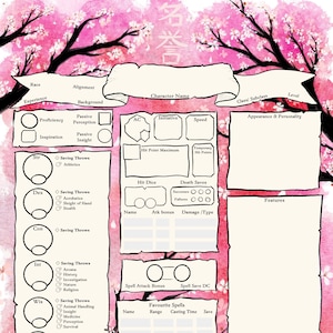 Hanami / Ficha de personagem Dnd PDF / Diário de personagem Dnd / Ficha de personagem de Dungeons and Dragons Japão / RPG de mesa / Diário de D&D / TTRPG