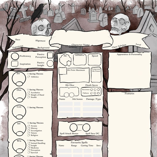 Graveyard Shift / DnD Character Sheet PDF / Dnd 5e Character Journal / DnD Necromancer / Dnd Wizard / Dnd Cleric / Dnd Druid