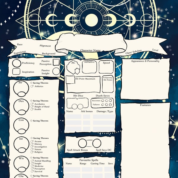 Celestial Skies / DnD Character Sheet PDF / Dnd Character Journal / Dungeons and Dragons / Tabletop RPG / D&D Journal / TTRPG