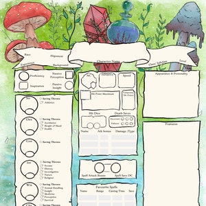Floresta de Cogumelos / Ficha de Personagem DnD / Ficha de Personagem DnD Druida / Ficha de Personagem D&D 5e PDF / Dungeons and Dragons DnD Character Journal