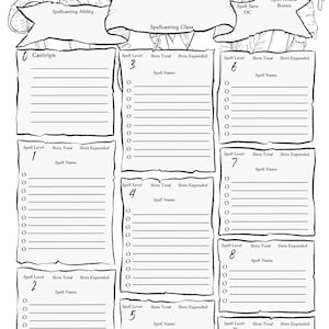 May include: A black and white printable character sheet for a Dungeons and Dragons game. The sheet includes sections for spellcasting ability, spell save DC, spell attack bonus, spell level, slots total, slots expended, and spell name.
