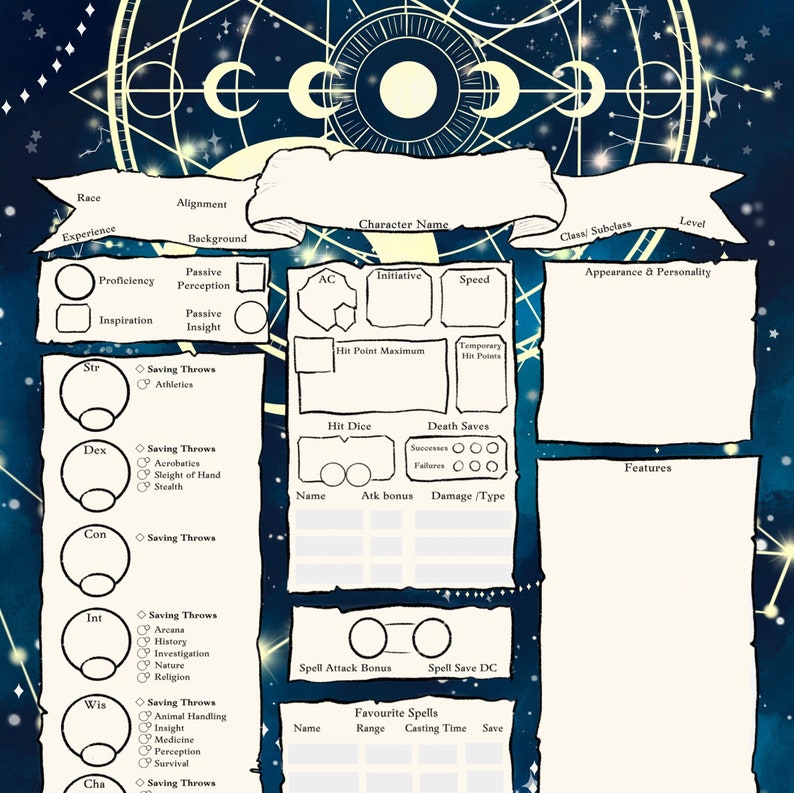 May include: A printable character sheet for Dungeons and Dragons roleplaying games. The sheet has a blue background with stars and moons. The sheet includes sections for character name, race, class, level, alignment, background, ability scores, saving throws, skills, hit points, hit dice, death saves, spell attack bonus, spell save DC, and more.