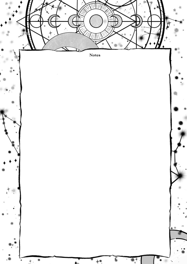 May include: A black and white illustration of a celestial design with a circle in the center and a crescent moon shape at the bottom. The design is surrounded by stars and a white background. The words "Notes" are written in black text at the top of a white rectangle.