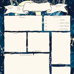 May include: A character sheet for a role-playing game with a celestial theme. The sheet includes sections for character name, weight, treasures, potions, quest items, miscellaneous equipment, weapons, and essential items. The background is a dark blue with stars and constellations.