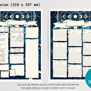 May include: Printable Dungeons and Dragons character sheet with a celestial theme. The sheet features a blue background with stars and constellations, and a white border. The sheet includes sections for character information, abilities, skills, spells, and more.
