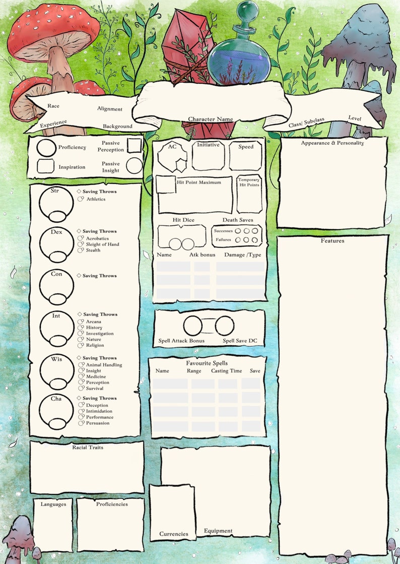 May include: A printable Dungeons & Dragons character sheet with a green, blue and white watercolour background. The sheet includes sections for race, alignment, class, level, experience, background, proficiency, inspiration, saving throws, hit dice, death saves, features, spell attack bonus, spell save DC, favourite spells, racial traits, languages, proficiencies, currencies and equipment.