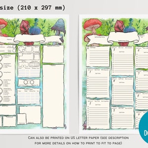 May include: A printable Dungeons and Dragons character sheet with a watercolour background featuring mushrooms, crystals, and a potion bottle. The sheet includes sections for character information, spells, and abilities.
