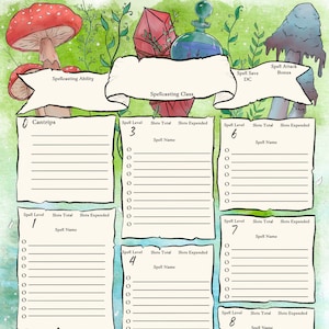 May include: A printable character sheet for a spellcasting class in a fantasy role-playing game. The sheet has spaces to track cantrips, spell slots, and spell names for each spell level from 0 to 8.