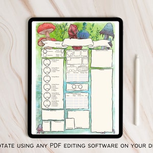 May include: A printable character sheet for role-playing games with a watercolour background featuring mushrooms, a crystal, and a potion bottle. The sheet includes sections for character name, race, class, abilities, skills, and more.